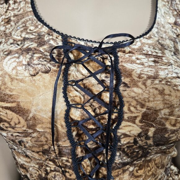Vintage 90s Y2K Velvet Lace Up Top Brown Beige Paisley Fairy Grunge Size M - Picture 2 of 11
